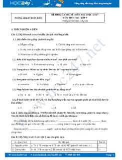 Đề thi giữa HK1 Sinh 9 năm 2016 - tỉnh Điện Biên có đáp án