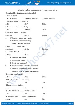 Bài tập trắc nghiệm Tiếng Anh lớp 6 Unit 3 - Unit 6 có đáp án