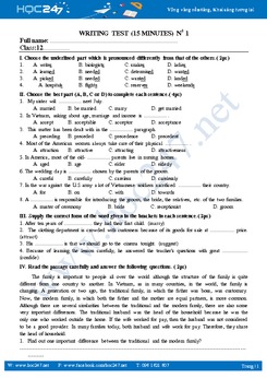 Đề kiểm tra 15 phút tiếng Anh lớp 12 học kì 1 lần 1