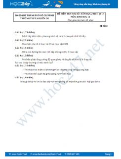 Đề thi HK1 Sinh học 11 năm 2016 -  THPT Nguyễn Du - đề số 2