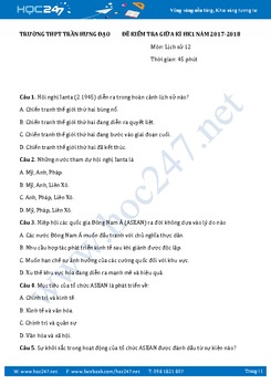 Đề thi giữa HK1 môn Sử 12 trường THPT Trần Hưng Đạo năm học 2017-2018