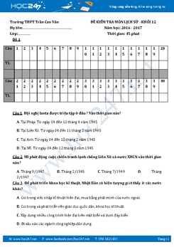 Đề kiểm tra 1 tiết HK1 môn Lịch sử 12 trường THPT Trần Cao Vân