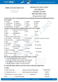 Đề thi giữa HK1 Tiếng Anh lớp 7 năm học 2017 - 2018