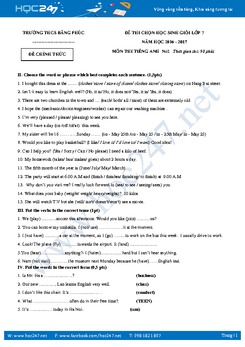 Đề thi học sinh giỏi tiếng Anh lớp 7 THCS Bằng Phúc