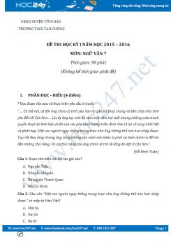 Đề thi HK1 môn Ngữ văn năm 2016 trường THCS Tam Cường