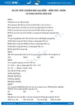 20 câu hỏi trắc nghiệm Kim loại kiềm - kiềm thổ - nhôm có video hướng dẫn giải