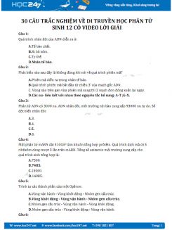 30 câu hỏi trắc nghiệm về phần Di truyền cấp độ phân tử Sinh học 12 có video lời giải