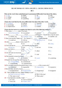 Bộ 3 đề thi học kì 1 tiếng Anh lớp 12 chuẩn có đáp án