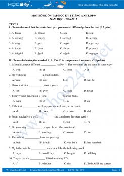 Một số đề thi học kì 1 tiếng Anh lớp 9 năm học 2017 - 2018