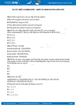 20 Câu trắc nghiệm Este Lipit Hóa 12 Có video hướng dẫn giải