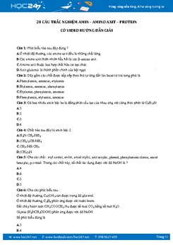 20 Câu trắc nghiệm Amin - Amino Axit - Protein Hóa 12 Có video giải
