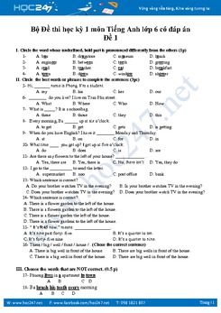 Bộ 3 đề thi học kỳ 1 môn Tiếng Anh lớp 6 có đáp án