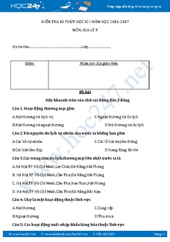 Đề kiểm tra 15 phút HK1 môn Địa 9 - Trường THCS