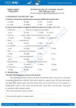 Đề thi học kì 1 Tiếng Anh lớp 7 THCS Vĩnh Tường năm 2017