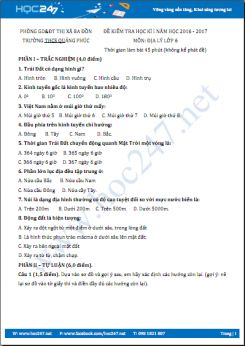 Đề kiểm tra HK1 môn Địa 6 năm 2016-2017 trường THCS Quảng Phúc