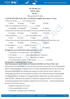 Tuyển tập đề thi học kì 1 Tiếng Anh lớp 8 có đáp án