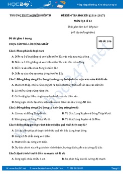 Đề thi HK1 môn Địa 12 năm học 2016-2017 trường Nguyễn Hiếu Tự