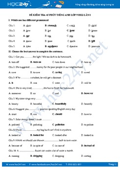 Đề kiểm tra 45 phút HK2 Tiếng Anh lớp 9 lần 1 có đáp án