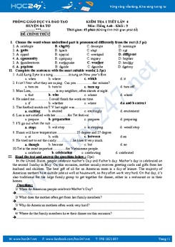 Đề kiểm tra 1 tiết Tiếng Anh lớp 9 lần thứ 2 học kì 2 có đáp án