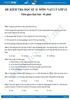 Đề thi trắc nghiệm online học kì 2 môn Vật lý lớp 12