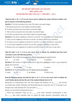 Đề thi thử THPT QG Tiếng Anh 2018 THPT Yên Lạc 2 - Vĩnh Phúc