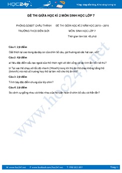 Đề thi giữa HK2 môn Sinh học 7 - THCS Biên Giới - Châu Thành có lời giải