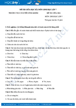 Đề thi giữa HK2 môn Sinh học 7 - THCS Nguyễn Bình Khiêm có lời giải