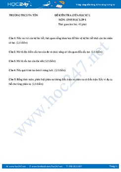 Đề thi giữa HK2 môn Sinh học 8 - THCS Tạ Tồn có lời giải