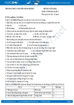 Đề thi giữa HK2 môn Sinh học 9 - THCS Nguyễn Bỉnh Khiêm có lời giải