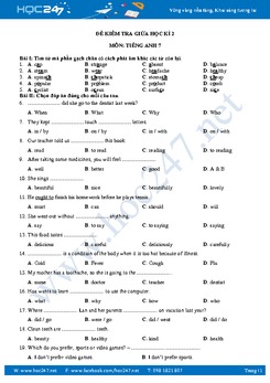 Đề kiểm tra giữa HK2 môn Tiếng Anh lớp 7 có đáp án
