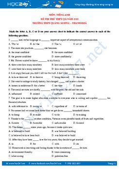 Đề thi thử THPT QG 2018 Tiếng Anh THPT Quảng Xương - Thanh Hóa
