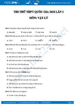 Đề thi thử THPT QG môn Vật Lý lần 2 năm 2018