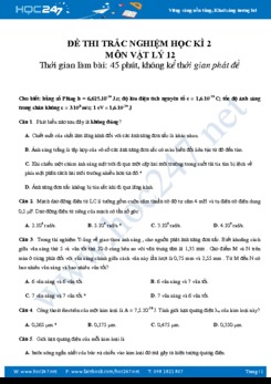 Đề thi trắc nghiệm Học kì 2 môn Vật Lý 12 có đáp án