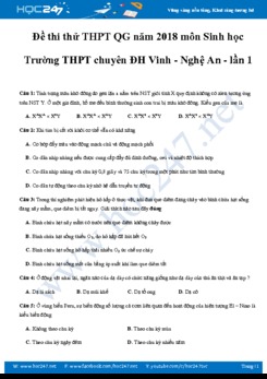 Đề thi thử THPT QG 2018 môn Sinh học- Chuyên Đại Học Vinh- Nghệ An
