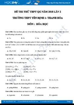 Đề thi thử THPT QG 2018 môn Hóa học THPT Yên Định- Thanh Hóa