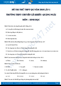 Đề thi thử THPT QG 2018 môn Sinh học Chuyên Lê Khiết- Quảng Ngãi