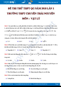 Đề thi thử THPTQG năm 2018 môn Vật lý THPT chuyên Thái Nguyên