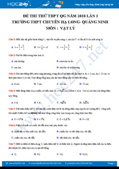 Đề thi thử THPT QG môn Lý chuyên Hạ Long- Quảng Ninh lần 1