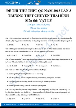 Đề thi thử THPT QG môn Lý chuyên Thái Bình lần 3