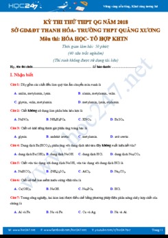 Đề thi thử THPT QG 2018 môn Hóa THPT Quảng Xương- Thanh Hóa