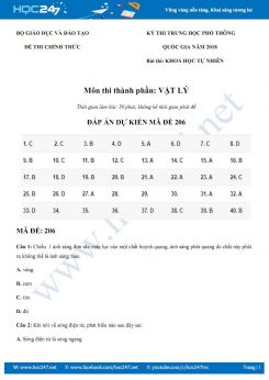 Đề thi môn  Lý THPT Quốc Gia 2018 có đáp án- Mã Đề 206