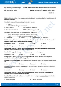 Đề thi và đáp án chính thức kì thi THPT QG năm 2018 môn Tiếng Anh (mã đề 416)