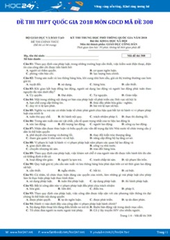 Đề thi môn Giáo dục Công dân THPT quốc gia 2018- Mã đề 308