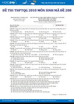 Đề thi THPT quốc gia năm 2018 môn Sinh học - Mã đề 208