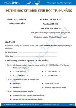Đề kiểm tra học kỳ 1 môn sinh học 12 có đáp án năm 2018