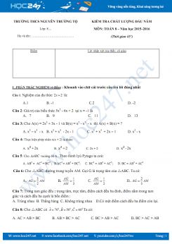 Đề KSCL đầu năm môn Toán 8 trường THCS Nguyễn Trường Tộ năm hoc 2015-2016 có đáp án