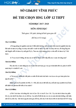 Đề thi HSG Sinh 12 cấp tỉnh năm 2017-2018 Sở Vĩnh Phúc có đáp án