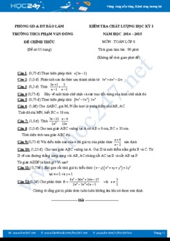 Đề kiểm tra HK1 Toán 8 trường THCS Phạm Văn Đồng-Bảo Lâm năm học 2014-2015 có đáp án