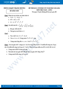 Đề kiểm tra HK1 Toán 8 Phòng GD và ĐT Thanh Chương có đáp án
