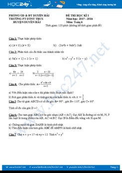 Đề thi HK1 Toán 8 trường PT DTNT THCS huyện Duyên Hải năm 2017-2018